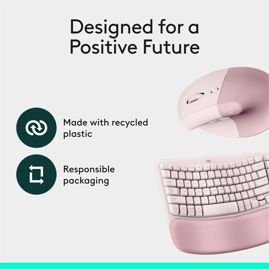 Alternate-Image9 Image for Logitech Wave Keys & Lift Vertical Mouse - Ergonomic Wireless Keyboard and Mouse Combo - with Cushioned Palm Rest (Rose)