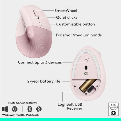 Alternate-Image6 Image for Logitech Wave Keys & Lift Vertical Mouse - Ergonomic Wireless Keyboard and Mouse Combo - with Cushioned Palm Rest (Rose)