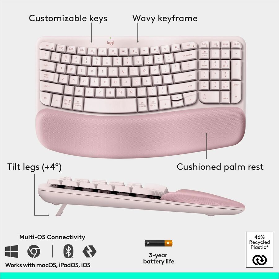 Alternate-Image5 Image for Logitech Wave Keys & Lift Vertical Mouse - Ergonomic Wireless Keyboard and Mouse Combo - with Cushioned Palm Rest (Rose)