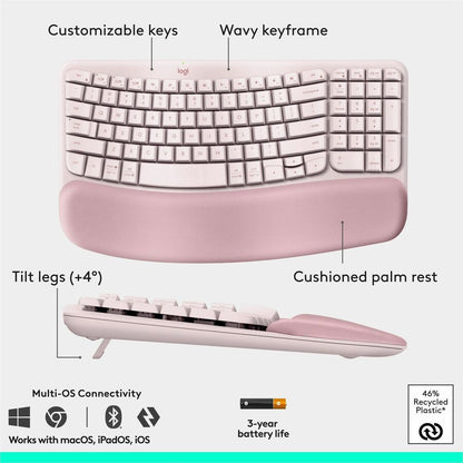 Alternate-Image5 Image for Logitech Wave Keys & Lift Vertical Mouse - Ergonomic Wireless Keyboard and Mouse Combo - with Cushioned Palm Rest (Rose)