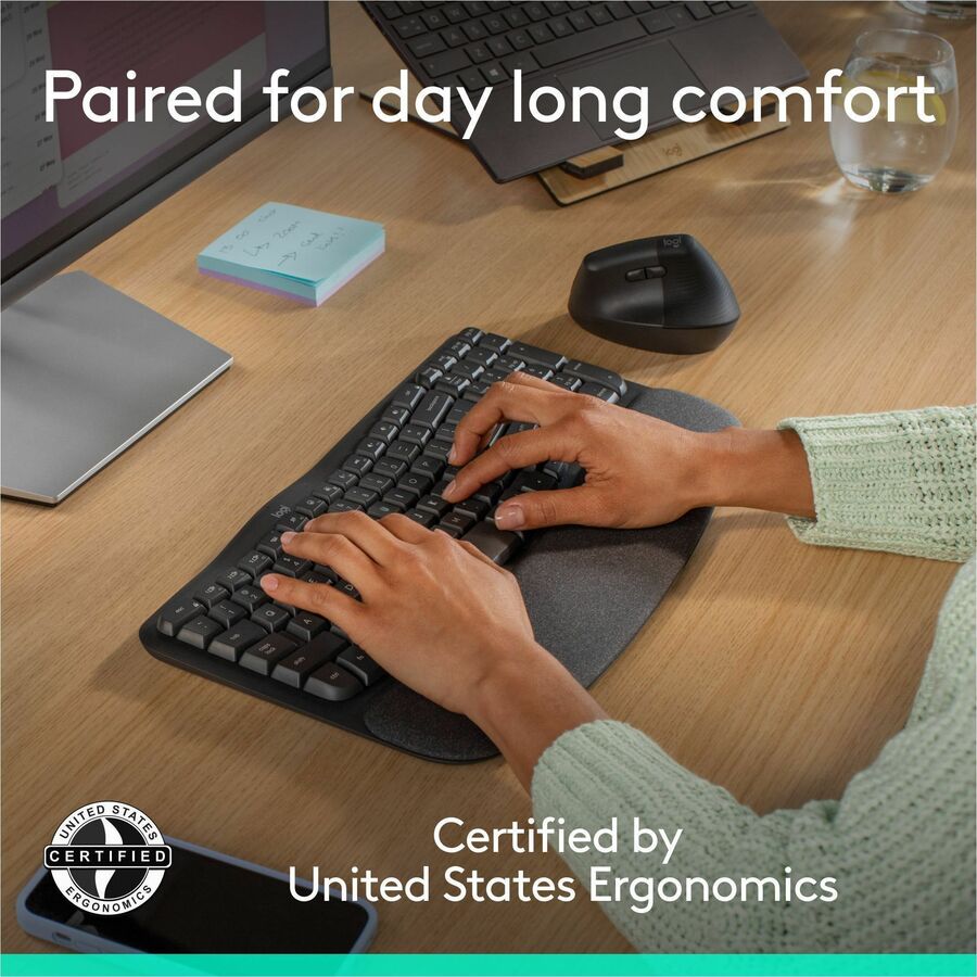 Alternate-Image2 Image for Logitech Wave Keys & Lift Vertical Mouse - Ergonomic Wireless Keyboard and Mouse Combo - with Cushioned Palm Rest (Graphite)