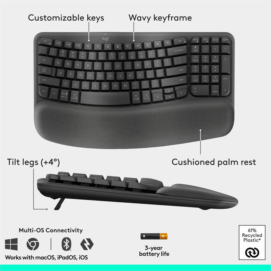 Alternate-Image5 Image for Logitech Wave Keys & Lift Vertical Mouse - Ergonomic Wireless Keyboard and Mouse Combo - with Cushioned Palm Rest (Graphite)