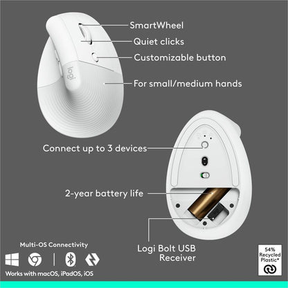 Alternate-Image6 Image for Logitech Wave Keys & Lift Vertical Mouse - Ergonomic Wireless Keyboard and Mouse Combo - with Cushioned Palm Rest (Off-white)
