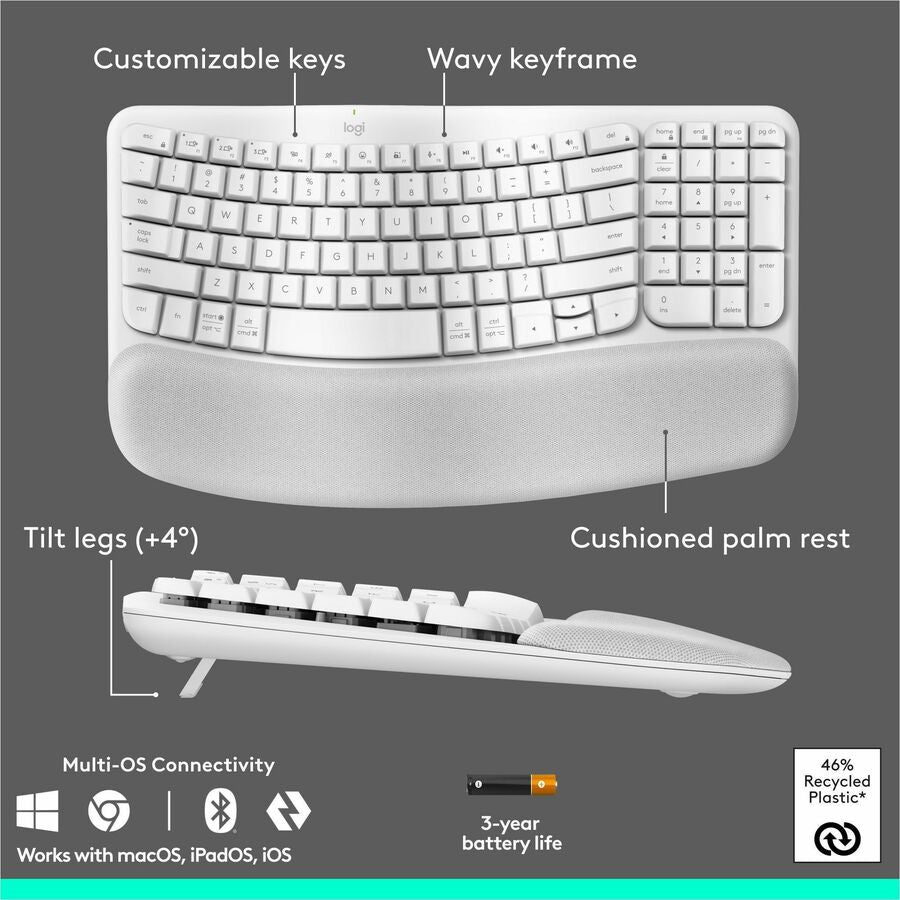 Alternate-Image5 Image for Logitech Wave Keys & Lift Vertical Mouse - Ergonomic Wireless Keyboard and Mouse Combo - with Cushioned Palm Rest (Off-white)