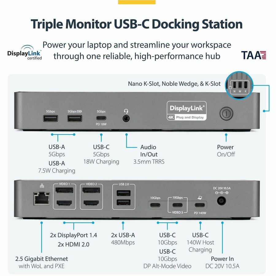Alternate-Image1 Image for StarTech.com Triple-Monitor USB-C Docking Station, 140W Laptop Charging Dock for MacBook Pro and Windows, 4K 60Hz, TAA