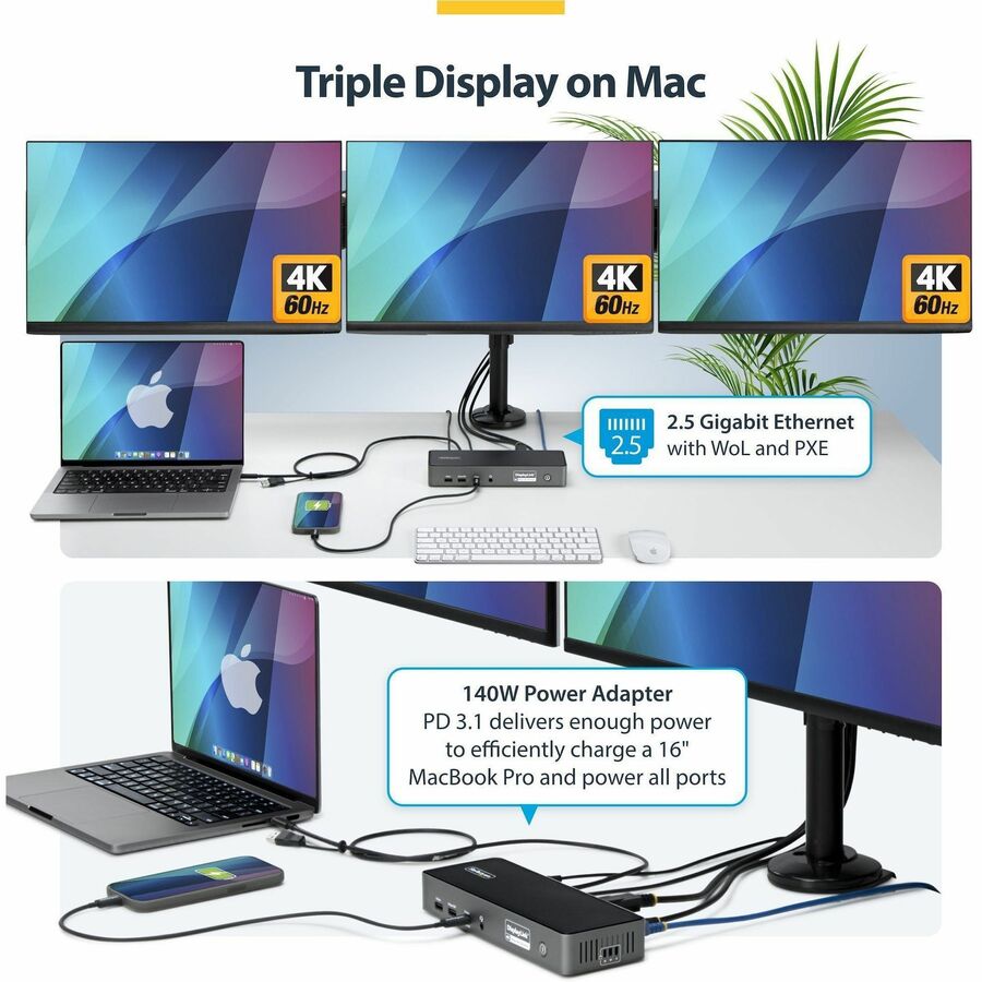 Alternate-Image2 Image for StarTech.com Triple-Monitor USB-C Docking Station, 140W Laptop Charging Dock for MacBook Pro and Windows, 4K 60Hz, TAA