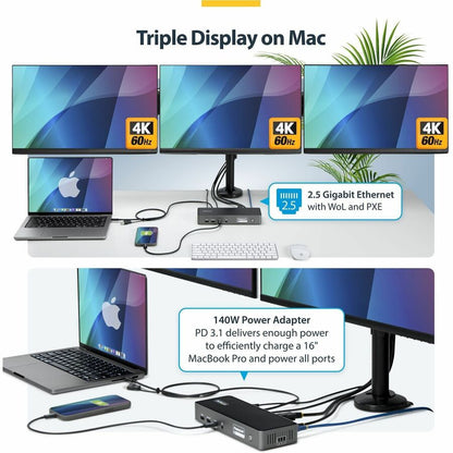 Alternate-Image2 Image for StarTech.com Triple-Monitor USB-C Docking Station, 140W Laptop Charging Dock for MacBook Pro and Windows, 4K 60Hz, TAA
