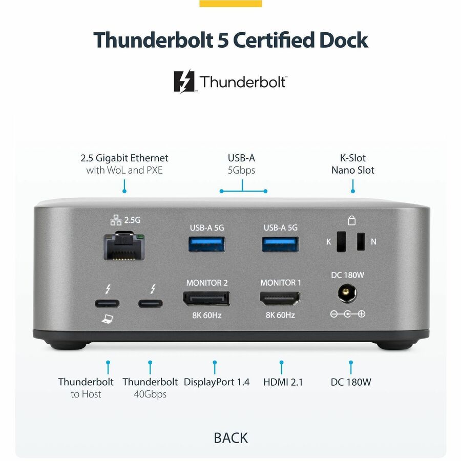 Alternate-Image2 Image for StarTech Thunderbolt 5 Universal Docking Station, Multi-Display Hub, 8K 60Hz / 4K 144Hz, 120Gbps Bandwidth Boost, 140W PD, USB 10Gbps