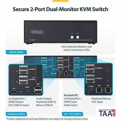 Alternate-Image1 Image for StarTech Secure 2-Port Dual-Monitor KVM Switch, HDMI or DisplayPort, 4K 60Hz, NIAP 4.0, CAC, Made in the USA