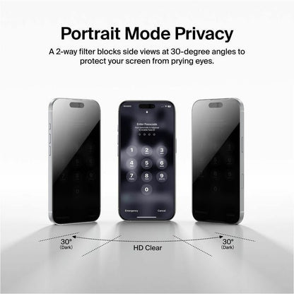 Alternate-Image3 Image for Belkin InvisiGlass Privacy Filter Screen Protector for iPhone 17 / iPhone 16 Pro, Gen 2 Black, Transparent