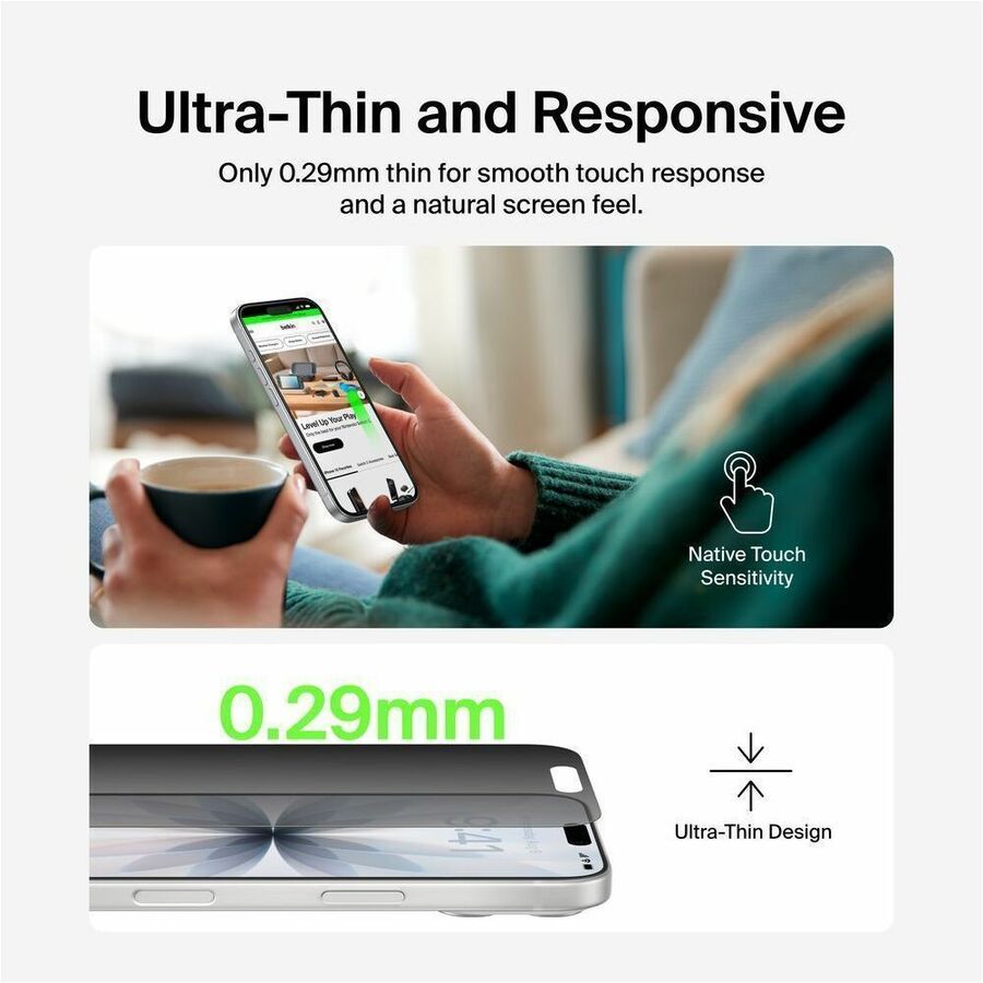 Alternate-Image5 Image for Belkin InvisiGlass Privacy Filter Screen Protector for iPhone 17 / iPhone 16 Pro, Gen 2 Black, Transparent