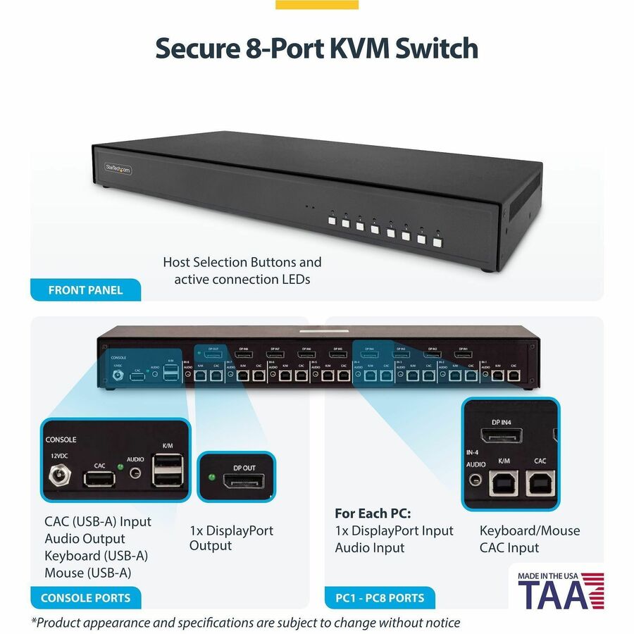 Alternate-Image1 Image for StarTech Secure 8-Port DisplayPort KVM Switch, 4K 30Hz, NIAP 4.0, CAC, Made in the USA
