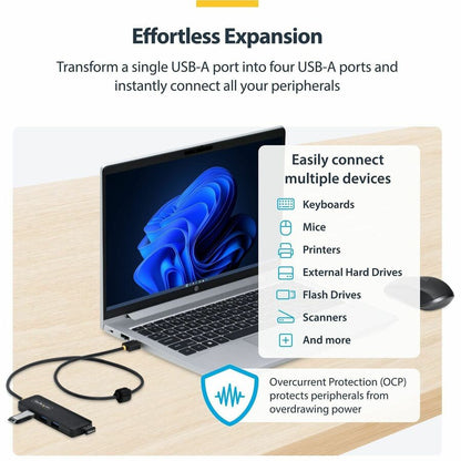 Alternate-Image1 Image for StarTech.com 4-Port USB-A Hub, 5Gbps, Bus Powered, USB-A to 4x USB-A Mini Hub, Extra Long 2ft/61cm Host Cable, 70% PCR Plastic Housing