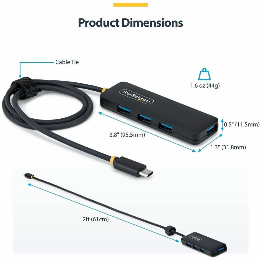 Alternate-Image4 Image for StarTech.com 4-Port USB-C Hub, 5Gbps, Bus Powered, USB-C to 4x USB-A Mini Hub, Extra Long 2ft/61cm Host Cable, 70% PCR Plastic Housing