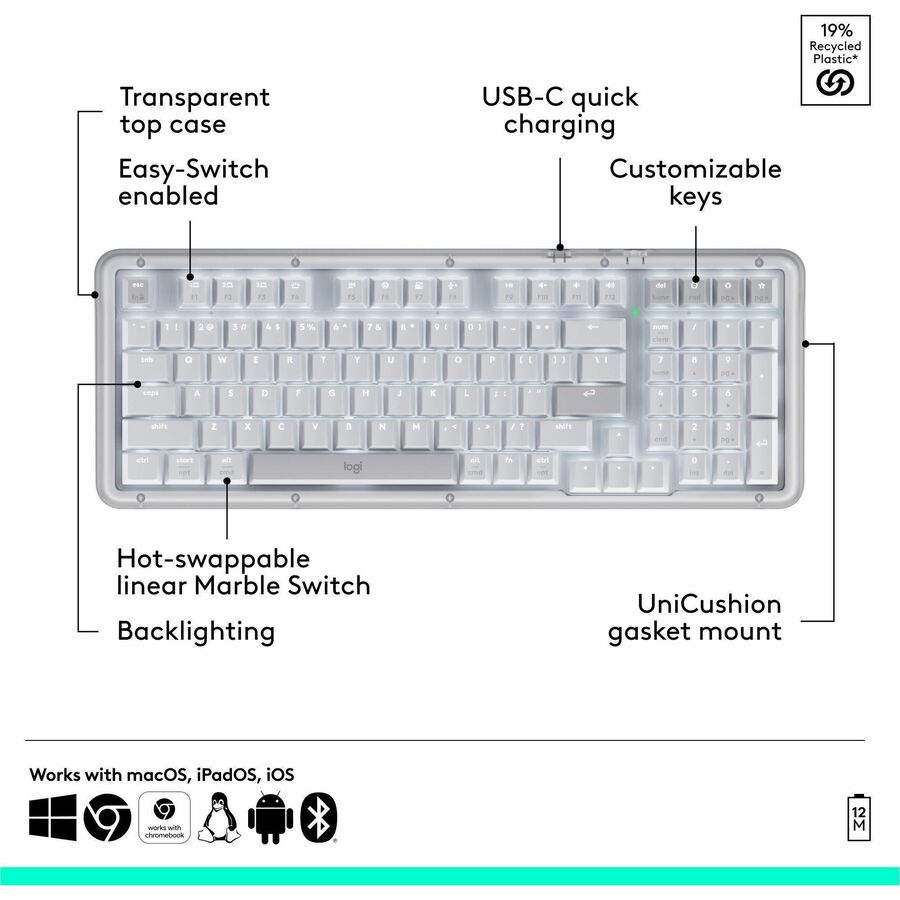 Alternate-Image4 Image for Logitech Alto Keys K98M Wireless Mechanical Keyboard, Customizable Keyboard with Vibration Absorbing Gasket, Backlit Keys, Off-white