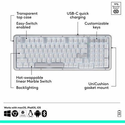 Alternate-Image4 Image for Logitech Alto Keys K98M Wireless Mechanical Keyboard, Customizable Keyboard with Vibration Absorbing Gasket, Backlit Keys, Off-white