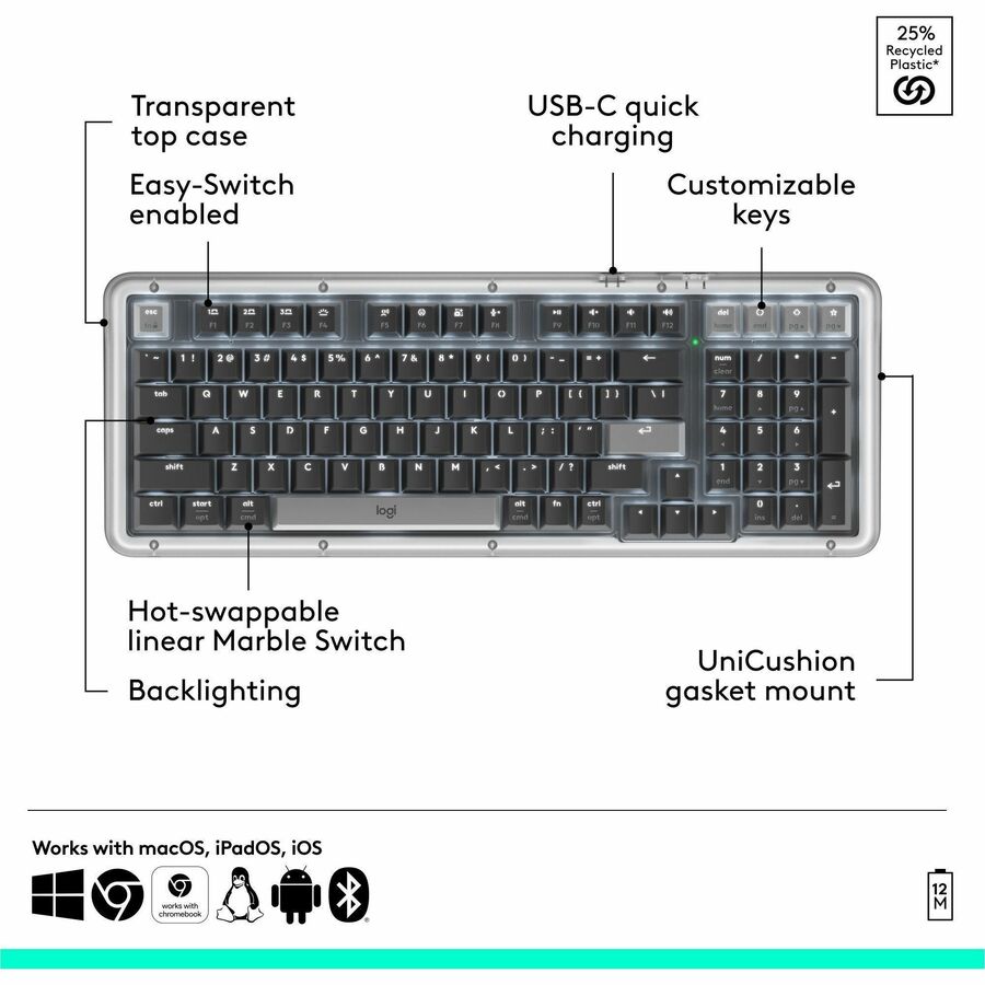 Alternate-Image4 Image for Logitech Alto Keys K98M Wireless Mechanical Keyboard, Customizable Keyboard with Vibration Absorbing Gasket, Backlit Keys, Graphite