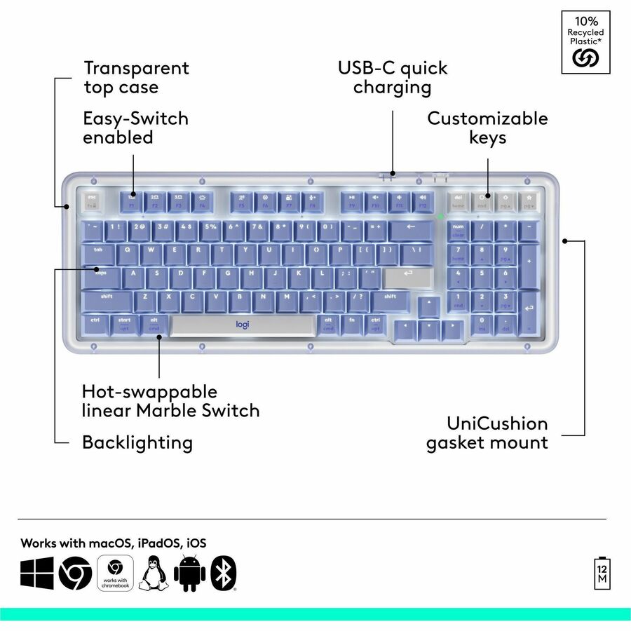 Alternate-Image4 Image for Logitech Alto Keys K98M Wireless Mechanical Keyboard, Customizable Keyboard with Vibration Absorbing Gasket, Backlit Keys, Lilac