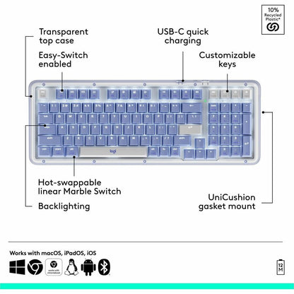 Alternate-Image4 Image for Logitech Alto Keys K98M Wireless Mechanical Keyboard, Customizable Keyboard with Vibration Absorbing Gasket, Backlit Keys, Lilac