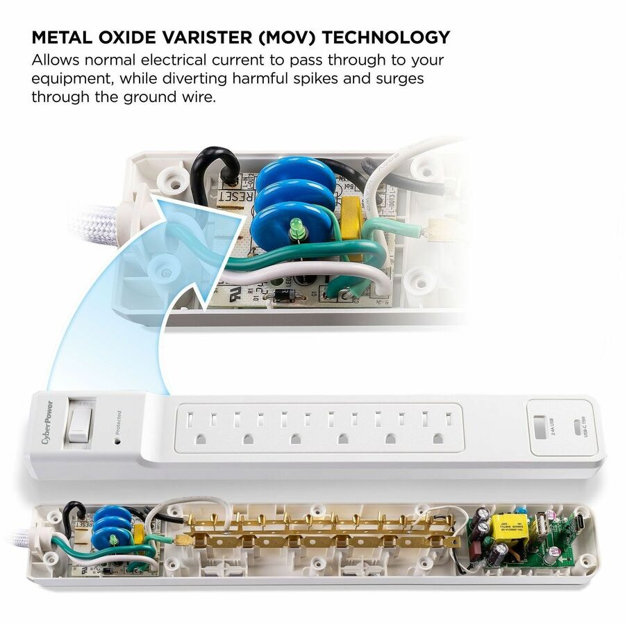 Alternate-Image4 Image for CyberPower CSB706W Essential 7 - Outlet Surge Protector with 1800 J Surge Suppression