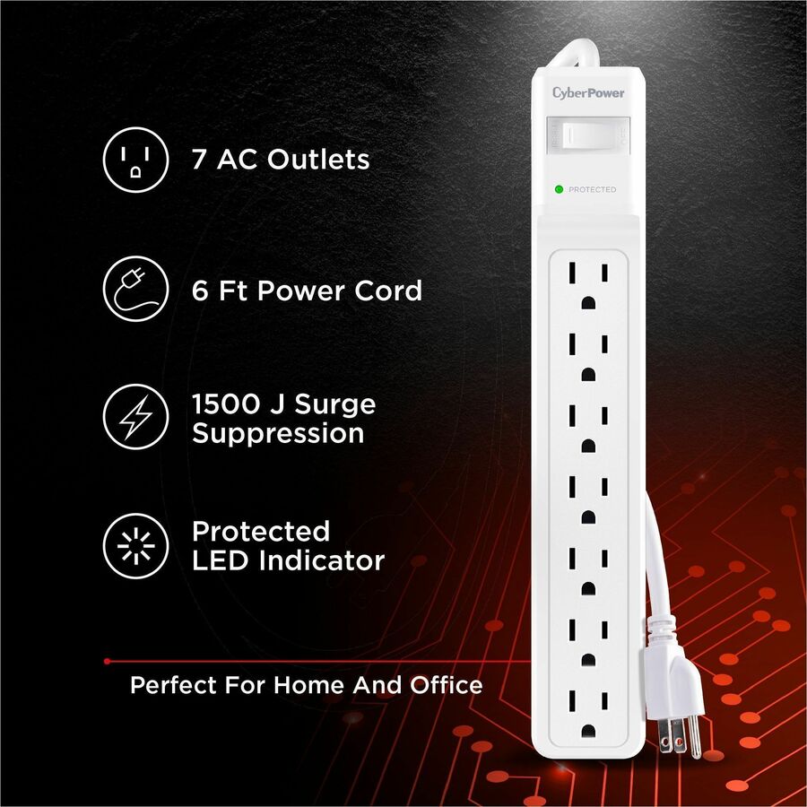 Alternate-Image2 Image for CyberPower CSB706W Essential 7 - Outlet Surge Protector with 1800 J Surge Suppression