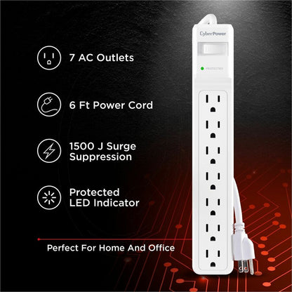 Alternate-Image2 Image for CyberPower CSB706W Essential 7 - Outlet Surge Protector with 1800 J Surge Suppression