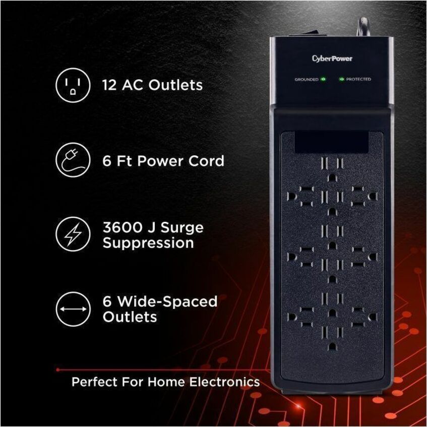 Alternate-Image4 Image for CyberPower CSB1206 Essential 12 - Outlet Surge Protector with 3600 J Surge Suppression