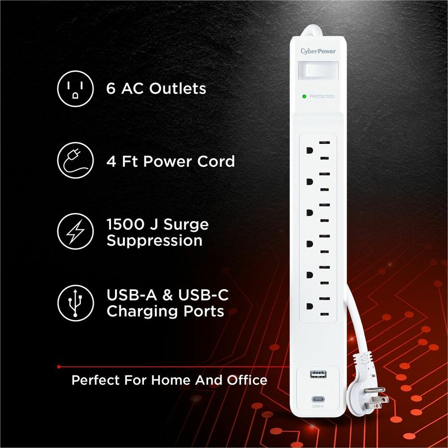 Alternate-Image2 Image for CyberPower CSP604UCW Home and Office 6 - Outlet Surge Protector with 1500 J Surge Suppression