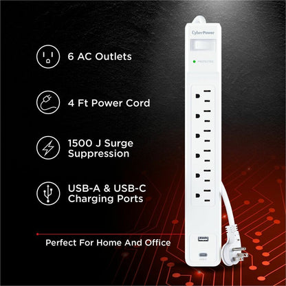 Alternate-Image2 Image for CyberPower CSP604UCW Home and Office 6 - Outlet Surge Protector with 1500 J Surge Suppression