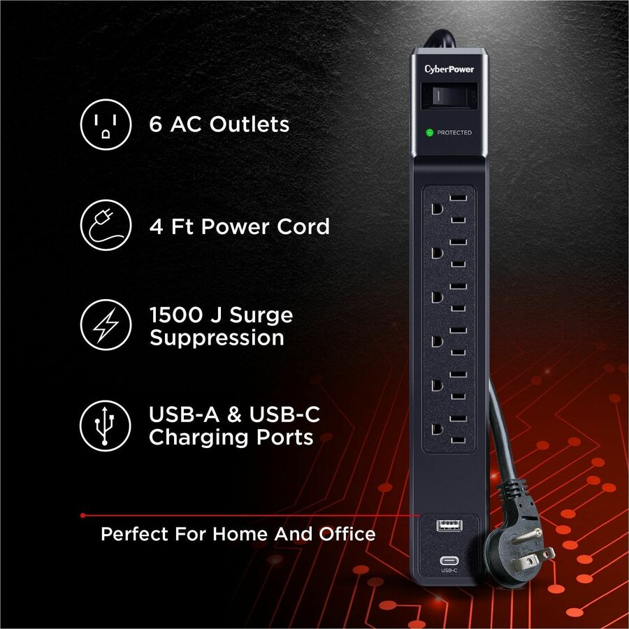 Alternate-Image5 Image for CyberPower CSP604UC Home and Office 6 - Outlet Surge Protector with 1500 J Surge Suppression