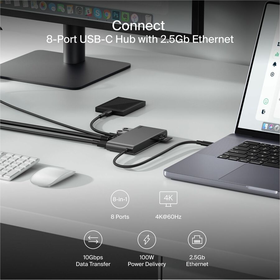 Alternate-Image2 Image for Belkin 8-Port USB-C Hub - 2xUSB-A, 2xUSB-C, 1xHDMI, 1xEthernet, 1xSD Reader, 1xMicroSD Reader - Grey