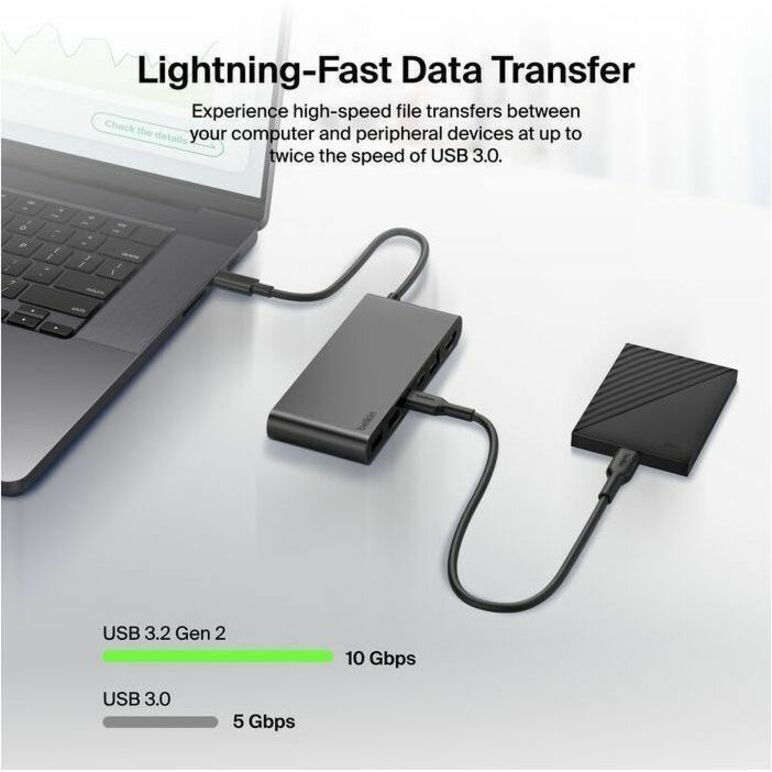 Alternate-Image4 Image for Belkin 8-Port USB-C Hub - 2xUSB-A, 2xUSB-C, 1xHDMI, 1xEthernet, 1xSD Reader, 1xMicroSD Reader - Grey