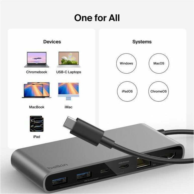 Alternate-Image6 Image for Belkin 8-Port USB-C Hub - 2xUSB-A, 2xUSB-C, 1xHDMI, 1xEthernet, 1xSD Reader, 1xMicroSD Reader - Grey