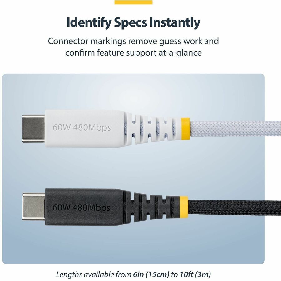 Alternate-Image4 Image for StarTech 6in (15cm) White USB-C Charging Cable, 60W (3A) PD, Dual-Layer Braided Nylon/TPE Jacket, Rugged USB 2.0 Laptop Charger Cord
