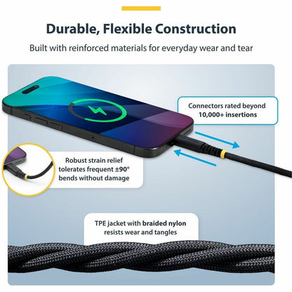 Alternate-Image3 Image for StarTech 6ft (1.8m) USB-C Charging Cable, 60W (3A) PD, Dual-Layer Braided Nylon/TPE Jacket, Rugged USB 2.0 Laptop Charger Cord
