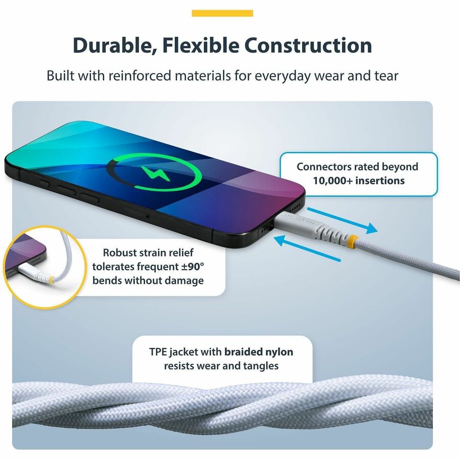 Alternate-Image3 Image for StarTech 5-Pack 3ft (91cm) White USB-C Charging Cable, 60W (3A) PD, Dual-Layer Braided Nylon/TPE Jacket, Rugged USB C Charger Cord