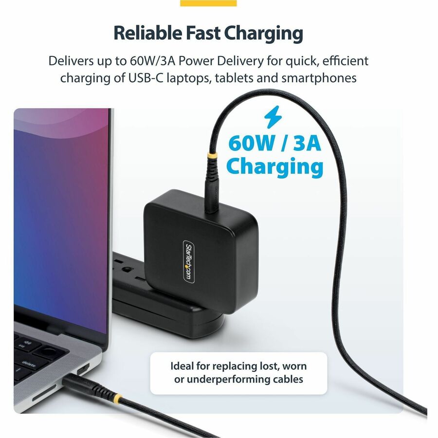 Alternate-Image2 Image for StarTech 6in (15cm) USB-C Charging Cable, 60W (3A) PD, Dual-Layer Braided Nylon/TPE Jacket, Rugged USB 2.0 Laptop Charger Cord