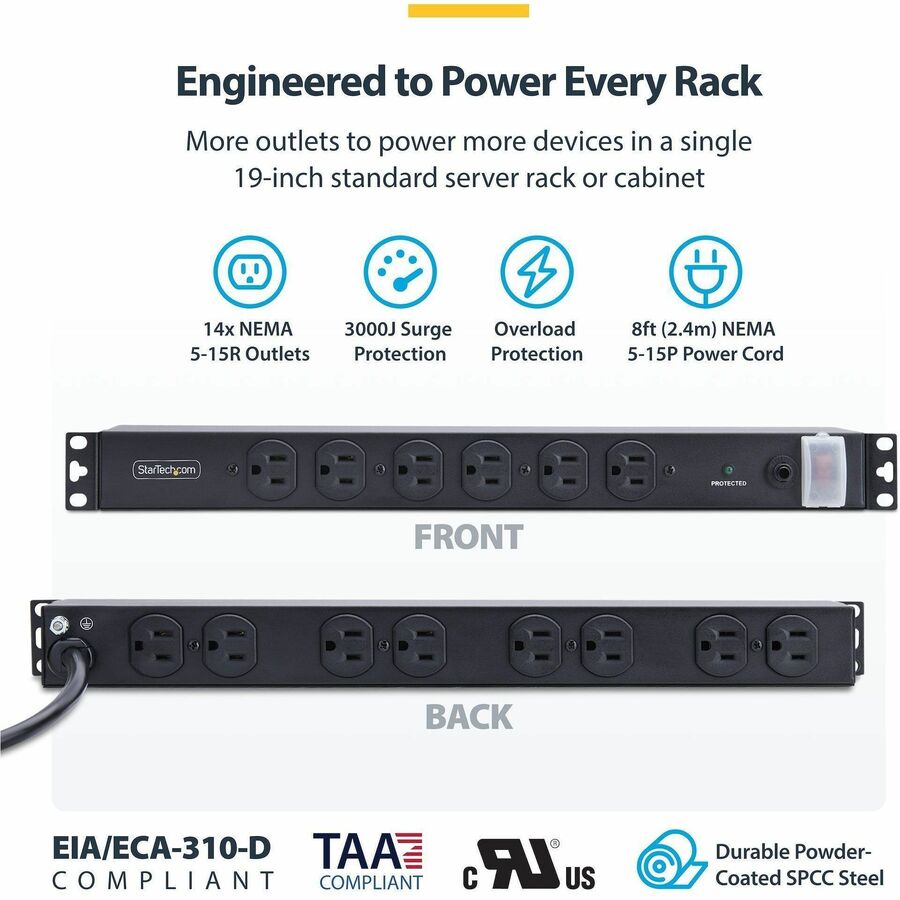 Alternate-Image2 Image for StarTech 14-Outlet Rackmount PDU, 1U Server Power Strip, 6x Front and 8x Rear Ports, Mounted Power Distribution Unit for 19in Racks
