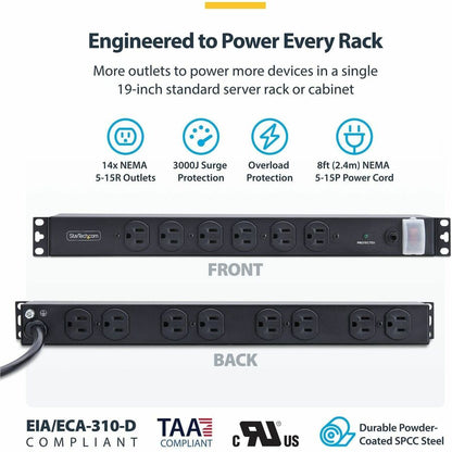 Alternate-Image2 Image for StarTech 14-Outlet Rackmount PDU, 1U Server Power Strip, 6x Front and 8x Rear Ports, Mounted Power Distribution Unit for 19in Racks