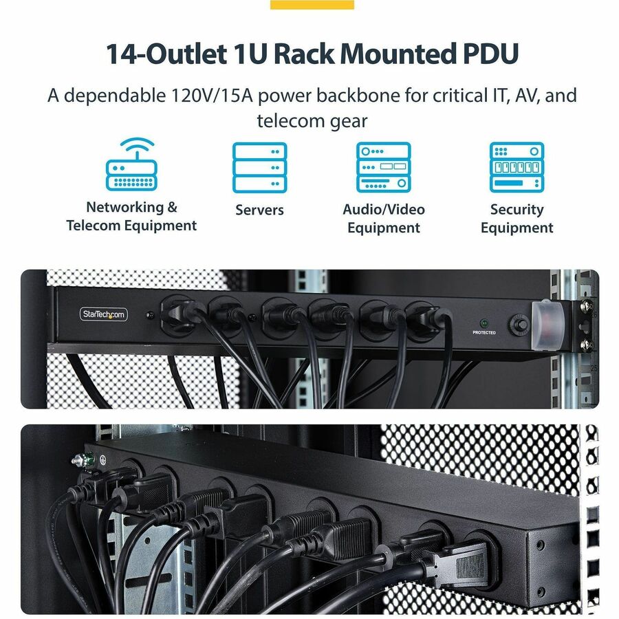 Alternate-Image1 Image for StarTech 14-Outlet Rackmount PDU, 1U Server Power Strip, 6x Front and 8x Rear Ports, Mounted Power Distribution Unit for 19in Racks