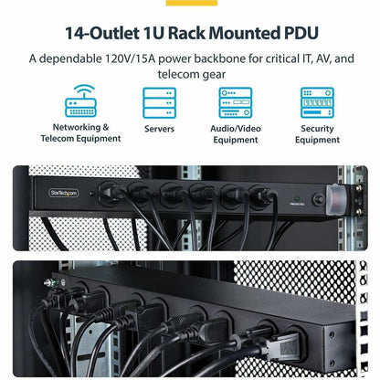 Alternate-Image1 Image for StarTech 14-Outlet Rackmount PDU, 1U Server Power Strip, 6x Front and 8x Rear Ports, Mounted Power Distribution Unit for 19in Racks