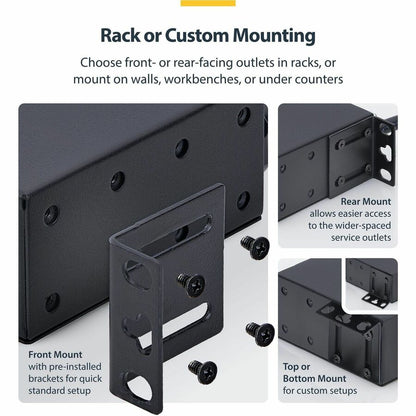 Alternate-Image4 Image for StarTech 12-Outlet Rackmount PDU, 1U Server Power Strip, Wide-Spaced Right-Angle Ports, Mounted Power Distribution Unit for 19in Racks