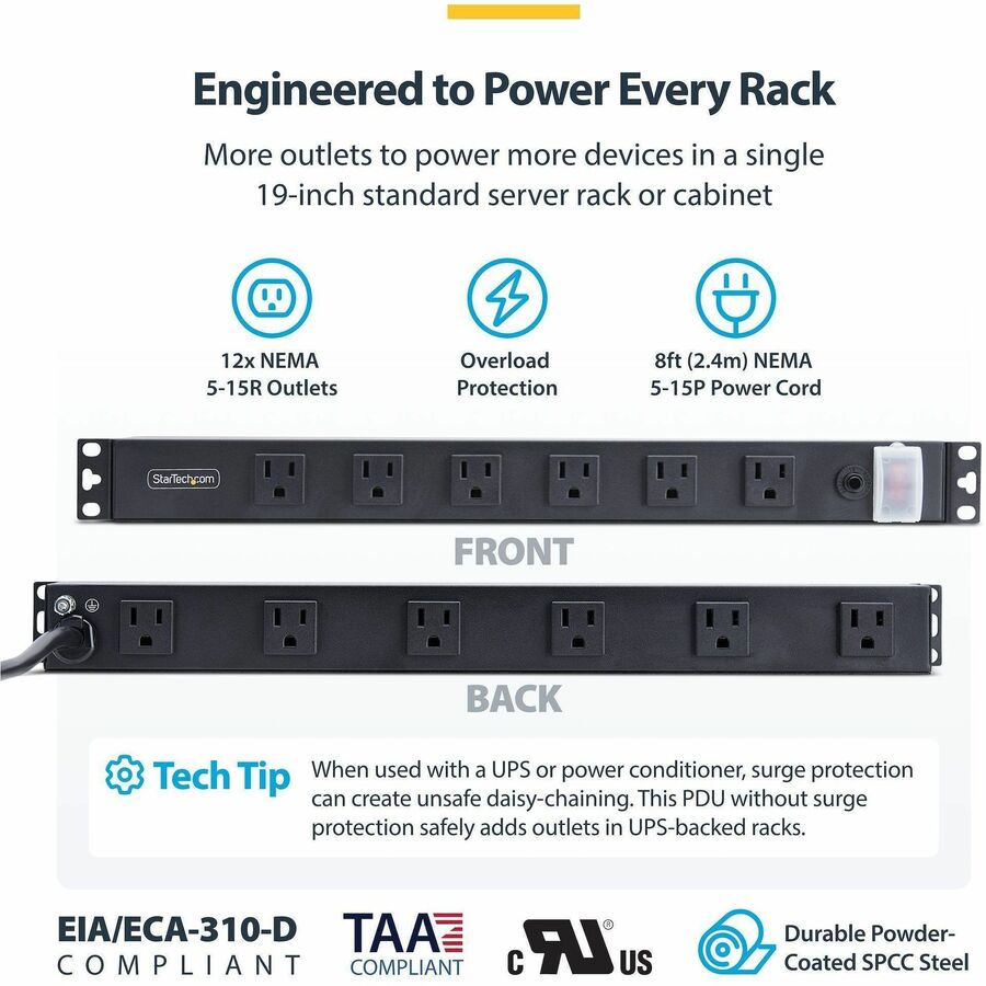 Alternate-Image2 Image for StarTech 12-Outlet Rackmount PDU, 1U Server Power Strip, Wide-Spaced Right-Angle Ports, Mounted Power Distribution Unit for 19in Racks