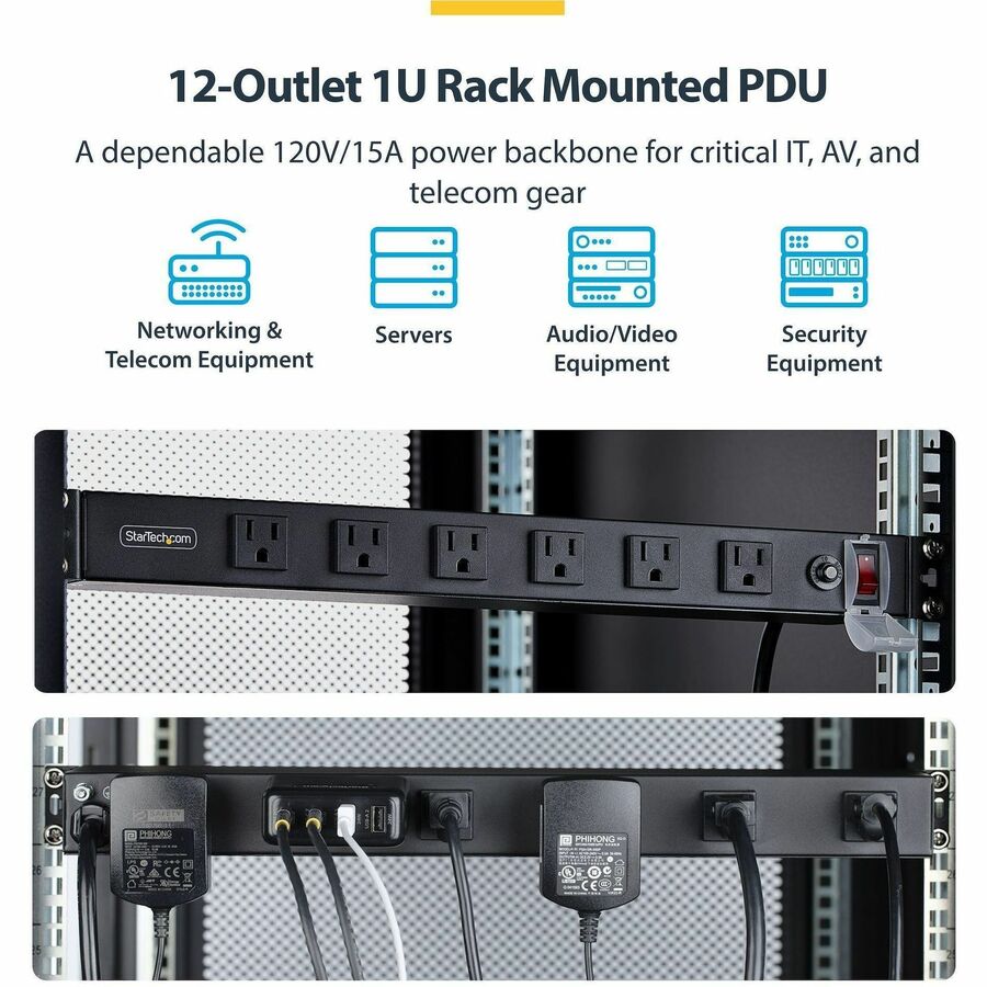 Alternate-Image1 Image for StarTech 12-Outlet Rackmount PDU, 1U Server Power Strip, Wide-Spaced Right-Angle Ports, Mounted Power Distribution Unit for 19in Racks