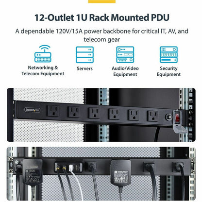 Alternate-Image1 Image for StarTech 12-Outlet Rackmount PDU, 1U Server Power Strip, Wide-Spaced Right-Angle Ports, Mounted Power Distribution Unit for 19in Racks