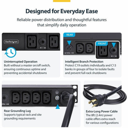 Alternate-Image3 Image for StarTech 20-Outlet Rackmount PDU, 1U Server Power Strip, 8x Front and 12x Rear Ports, Mounted Power Distribution Unit for 19in Racks