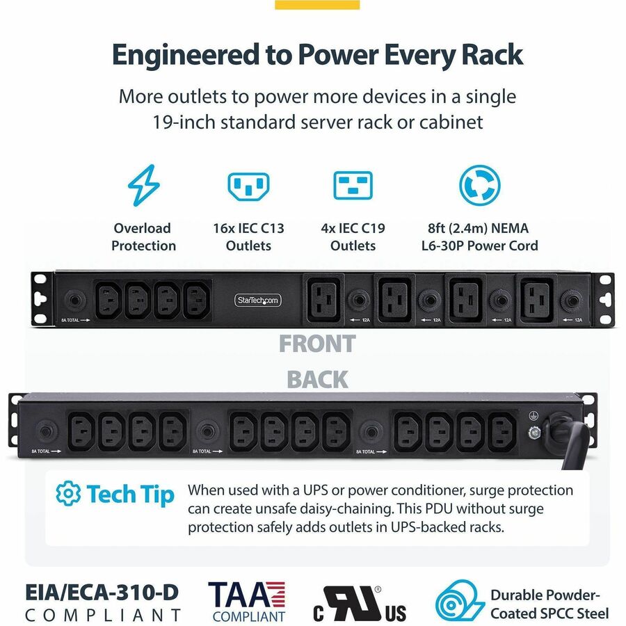Alternate-Image2 Image for StarTech 20-Outlet Rackmount PDU, 1U Server Power Strip, 8x Front and 12x Rear Ports, Mounted Power Distribution Unit for 19in Racks