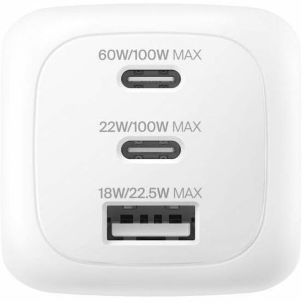 Alternate-Image2 Image for Belkin 100W GaN 3-Port USB Wall Charger - 1xUSB-A, 2xUSB-C - Foldable Prongs - Power Adapter - White