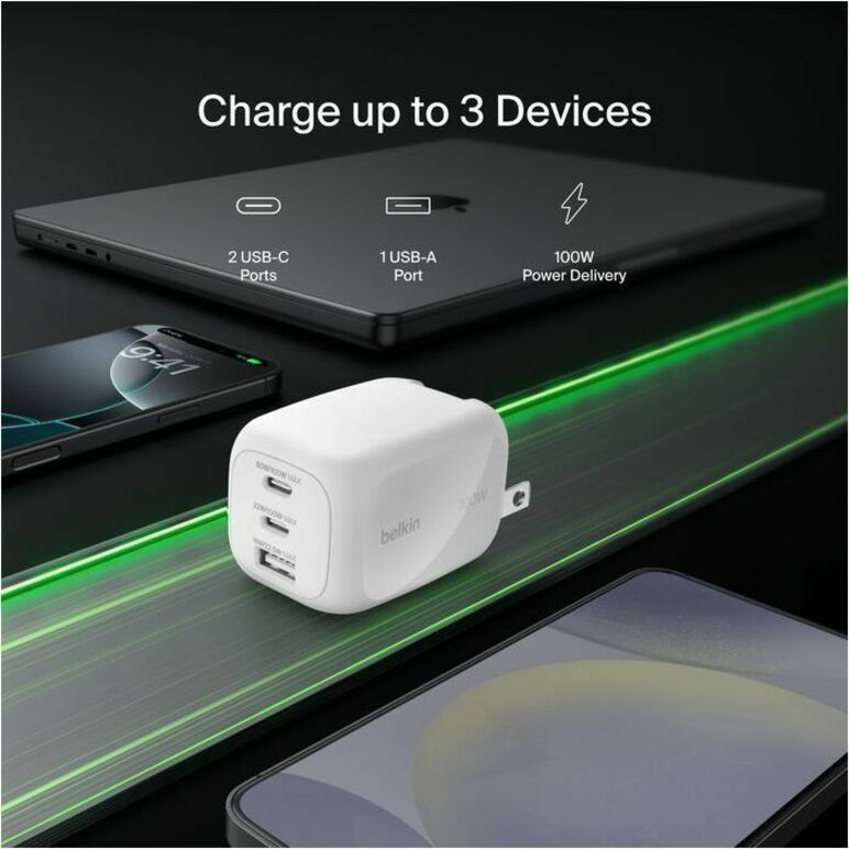 Alternate-Image7 Image for Belkin 100W GaN 3-Port USB Wall Charger - 1xUSB-A, 2xUSB-C - Foldable Prongs - Power Adapter - White