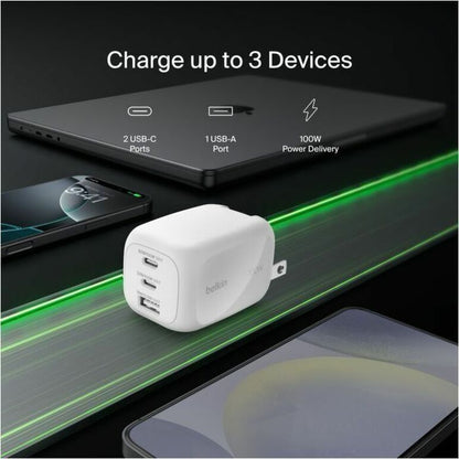 Alternate-Image7 Image for Belkin 100W GaN 3-Port USB Wall Charger - 1xUSB-A, 2xUSB-C - Foldable Prongs - Power Adapter - White